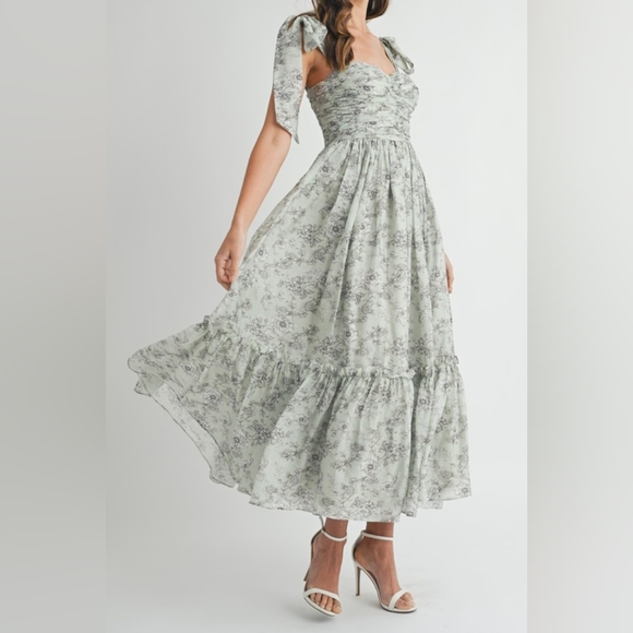 MABLE Floral Bust Ruched Midi Dress with Shoulder Tie Light Sage Green - Picture 11 of 14